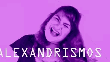a woman is laughing in front of a purple background with the word alexandrismos written on it .