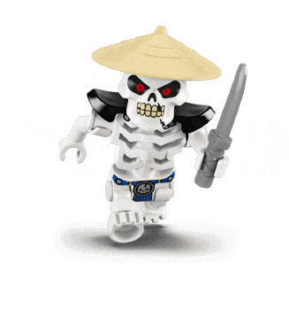 a lego skeleton is wearing a hat and holding a knife