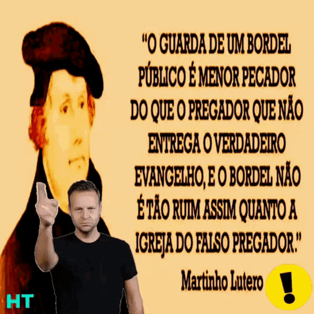a man is standing in front of a poster with a quote from martinho lutero