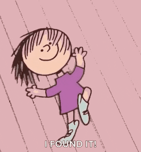 a cartoon of a girl in a purple dress jumping in the air with the words `` i found it '' .