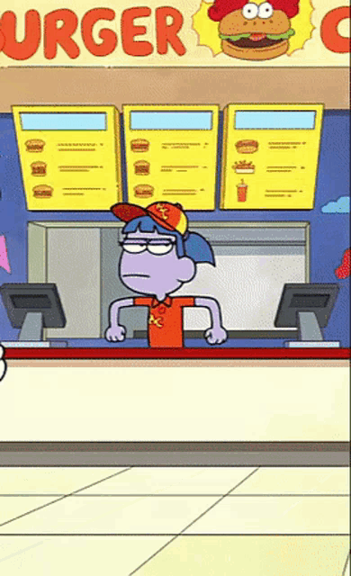 a cartoon of a girl behind a counter at a burger king