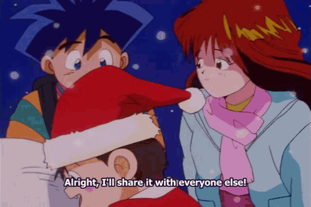 a girl in a pink scarf says " alright i 'll share it with everyone else " in a cartoon