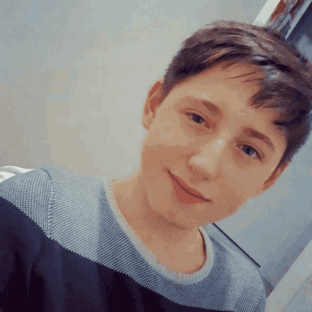 a young boy wearing a blue and white striped sweater smiles for the camera