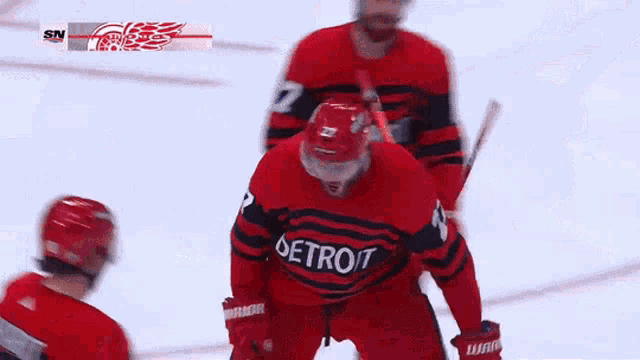 a hockey player wearing a red jersey with the number 27