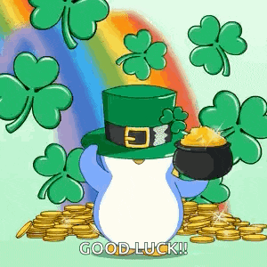 a penguin in a leprechaun hat is holding a pot of gold in front of a pile of gold coins .