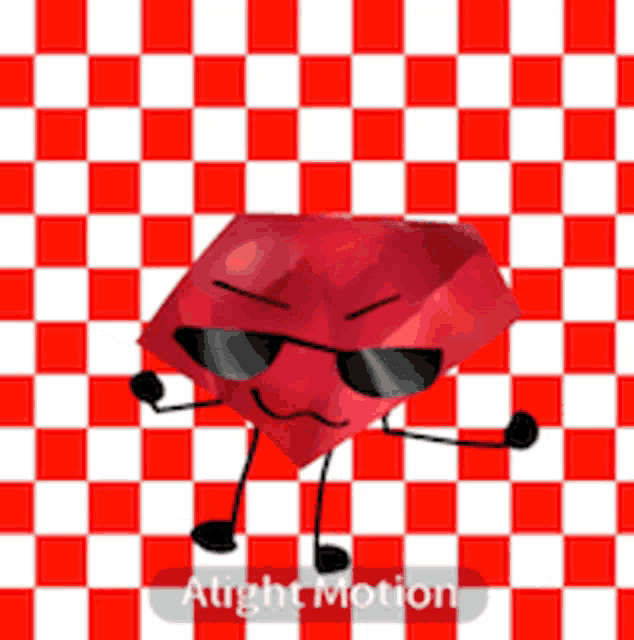 a red diamond with arms and legs is wearing sunglasses on a red and white checkered background