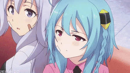 two anime girls with blue hair and purple eyes are sitting next to each other .