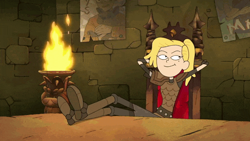 a cartoon character is sitting on a throne with her feet up