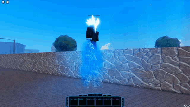 a screenshot of a video game shows a person standing in front of a stone wall with a blue light coming out of it