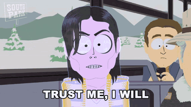 a cartoon of a man with a purple face says " trust me i will "