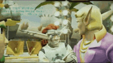 a couple of cartoon characters standing next to each other in a room .
