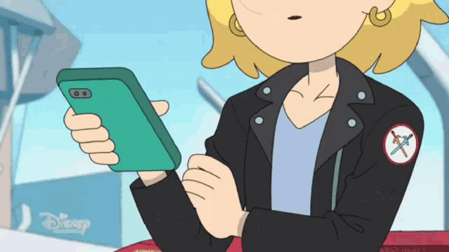 a cartoon of a girl holding a cell phone with a disney logo on her jacket