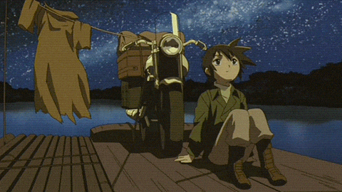 a boy sits on a dock next to a motorcycle with a starry sky in the background
