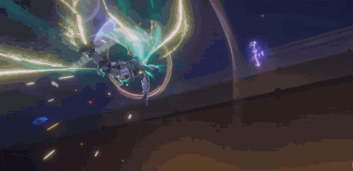 a computer generated image of a robot with a purple light coming out of it