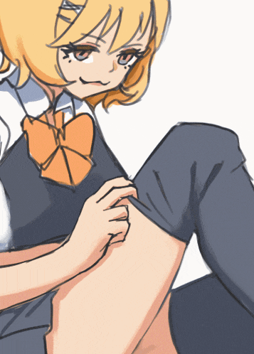 a drawing of a girl with yellow hair and a bow tie