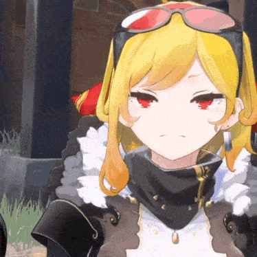a girl with yellow hair and red eyes is wearing sunglasses and a scarf around her neck