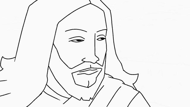 a black and white drawing of jesus with long hair