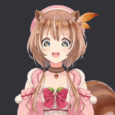 a girl with a squirrel 's tail is wearing a pink sweater