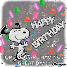 snoopy is jumping in the air with balloons and confetti .