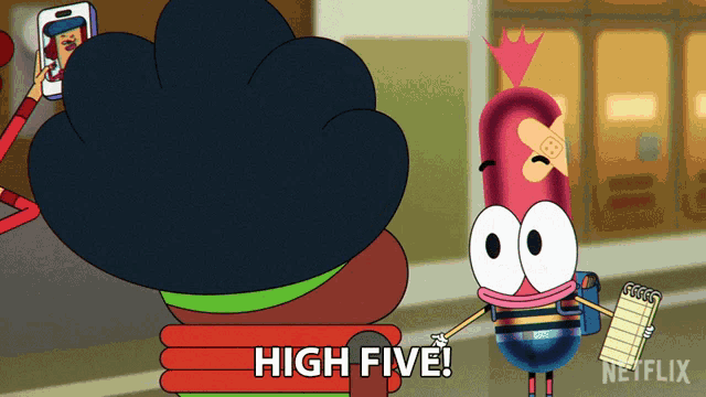 a cartoon character is holding a notepad and says " high five "