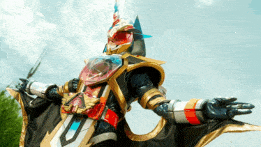 a person in a costume with a helmet and a sword
