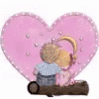 a boy and a girl are sitting in front of a pink heart .