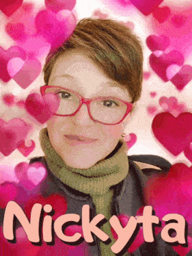 a picture of a woman named nickyta with hearts around her