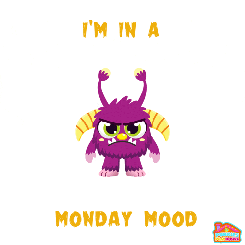 a purple monster with horns and the words " i 'm in a monday mood " below it