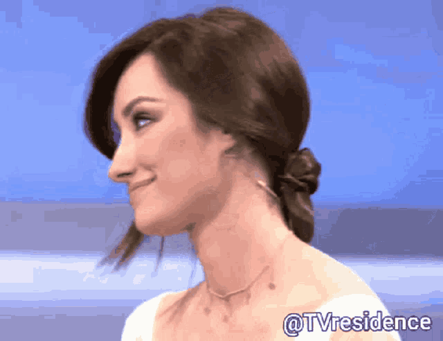 a close up of a woman 's face with the words @tvresidence on the bottom
