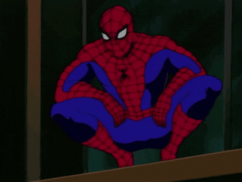 a cartoon spider-man is squatting down on a railing