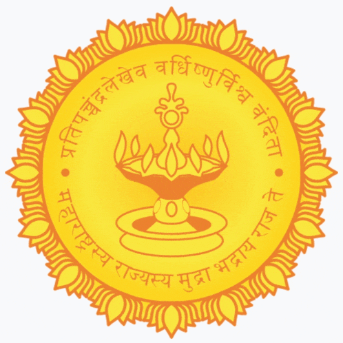 a gold colored circle with a candle in the center and the words ' सत्यम राजस्यम् ' on the bottom