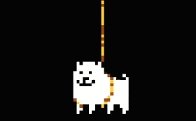 a pixel art of a dog on a leash on a black background .