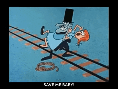 a cartoon character is holding a girl on a train track .