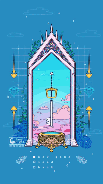 a pixel art drawing of a sword hanging from a chain in a bowl