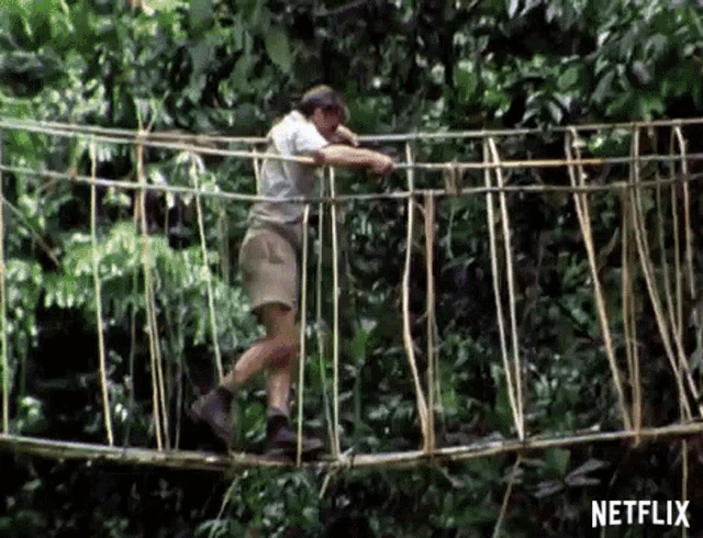 a man is walking on a rope bridge in the jungle .