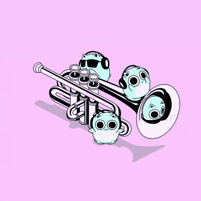 a cartoon drawing of a trumpet with a group of ghosts wearing sunglasses and headphones