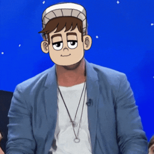 a man wearing a hat and a necklace has a cartoon face on his head
