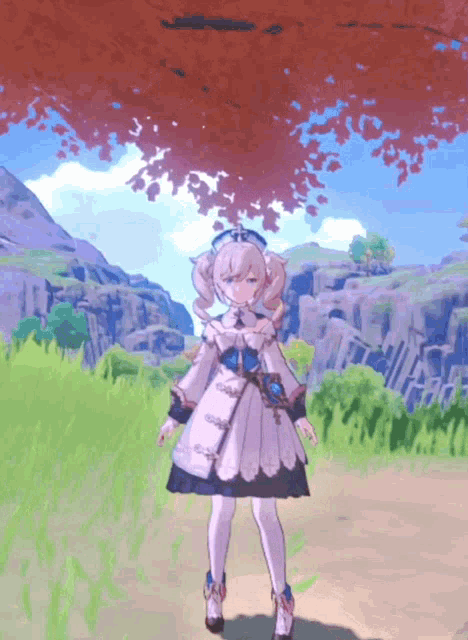 a girl in a white dress is standing under a tree in a video game
