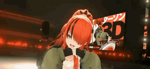 a girl with red hair is standing in front of a sign that says 3d on it