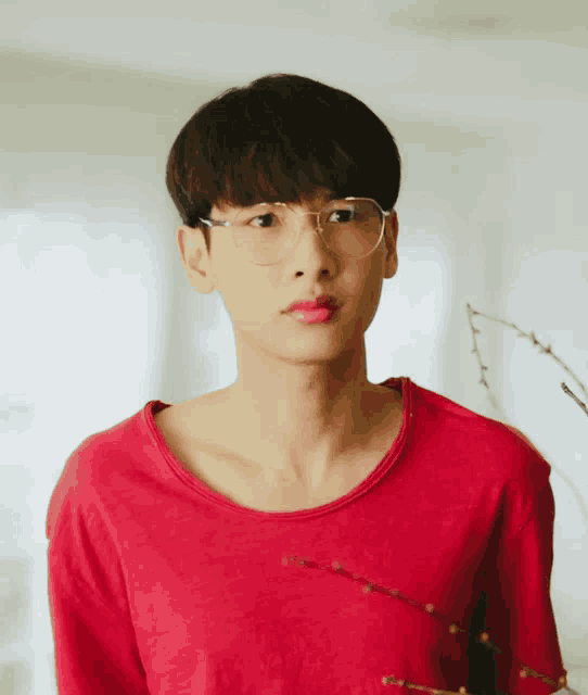a young man wearing glasses and a red shirt looks to the side
