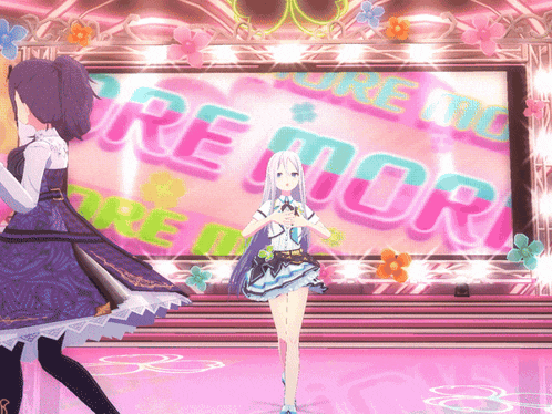a girl in a purple dress is dancing in front of a large screen that says re mori