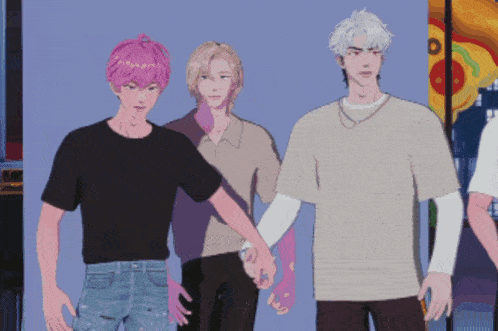 a group of young men are standing next to each other and holding hands