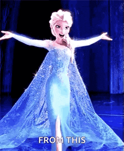 elsa from frozen is standing on a stage with her arms outstretched and says from this .