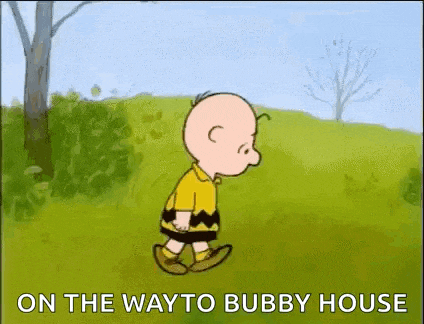 charlie brown is walking on the way to bubby house in a cartoon .