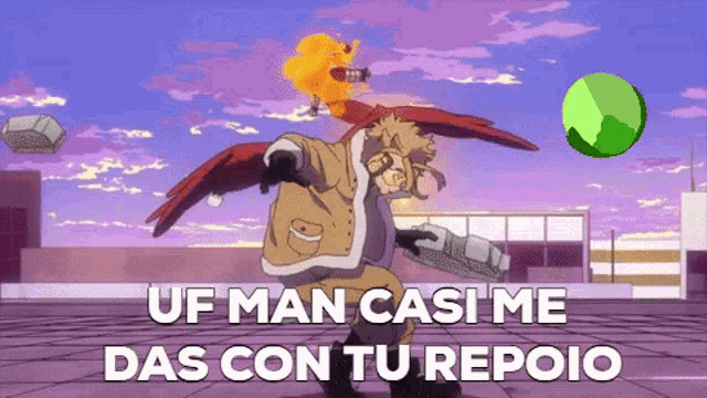 a cartoon of a man with a bird behind him and the words uf man casi me das con tu repoio