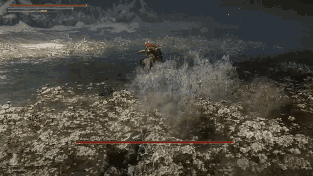 a screenshot of a video game shows a person fighting a demon