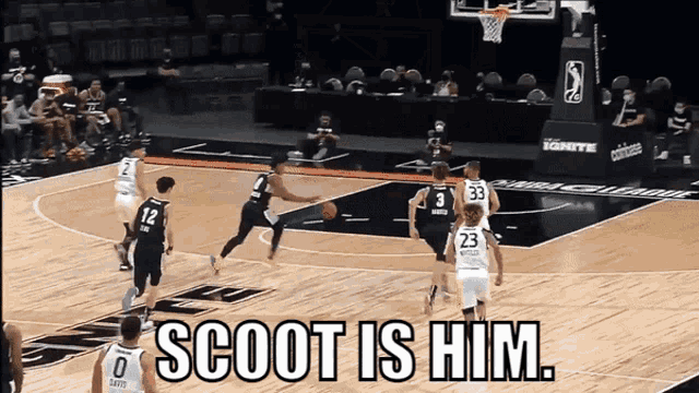a group of basketball players on a court with the words scoot is him below them