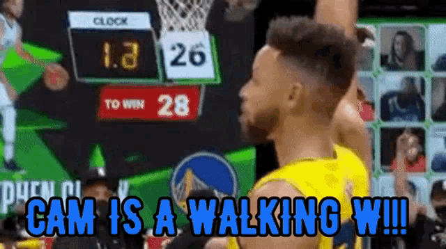a basketball player is standing in front of a scoreboard with the words cam is a walking w !!!