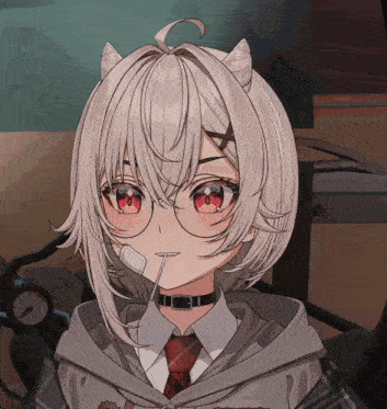 a close up of a girl with horns wearing glasses