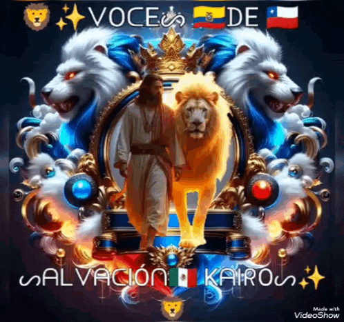 a poster of jesus standing next to a lion with the words voce de salvacion kairos
